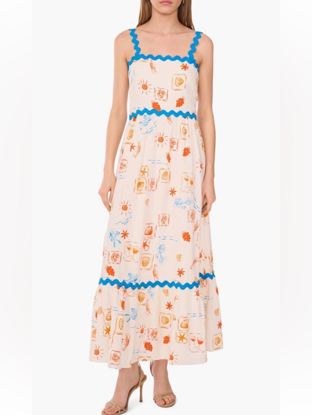 CeCe Sleeveless Linen Blend Tiered Maxi Sundress, Nautical Beach Print, Size XS